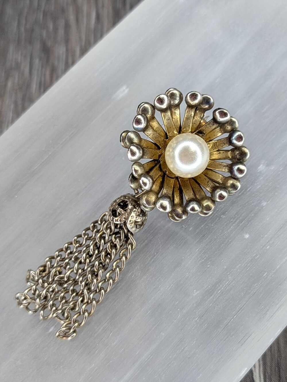 Vintage Sunburst Faux Pearl Tassel Brooch β Gold & Silver Tone